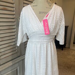 Lilly Pulitzer White Scalloped Shell Lace Romper with Pink Tag